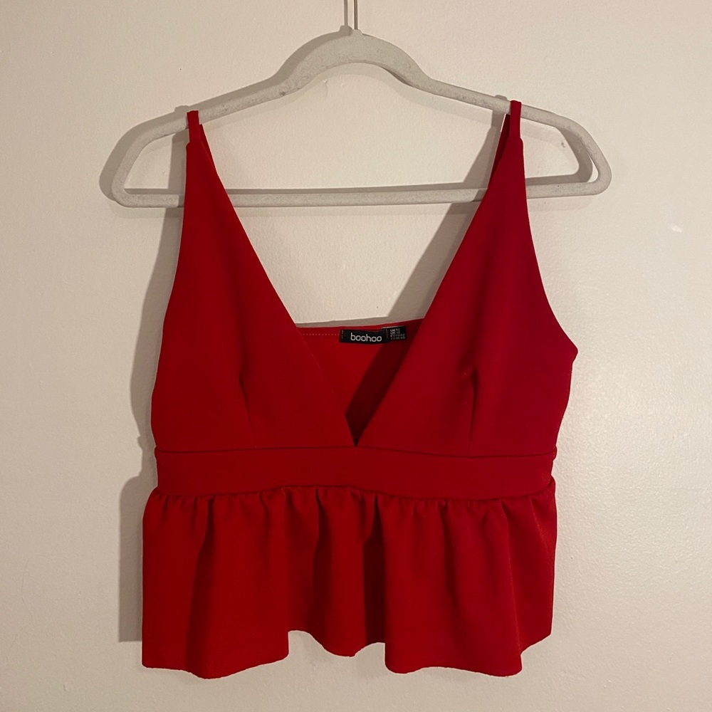 Red Boohoo Cropped Peplum Tank